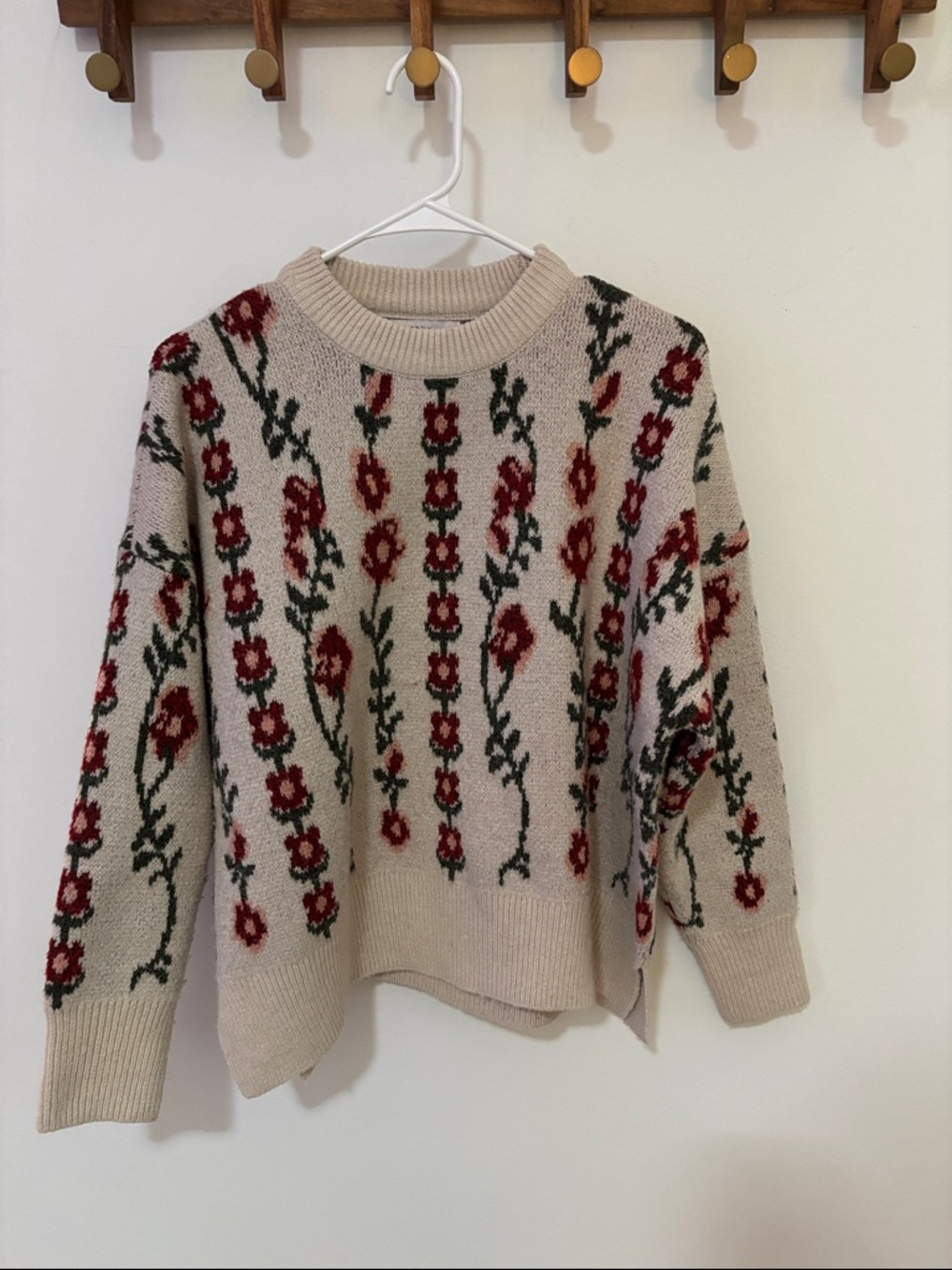 Sincerely Jules Beige Crewneck Sweater with Red & Green Floral